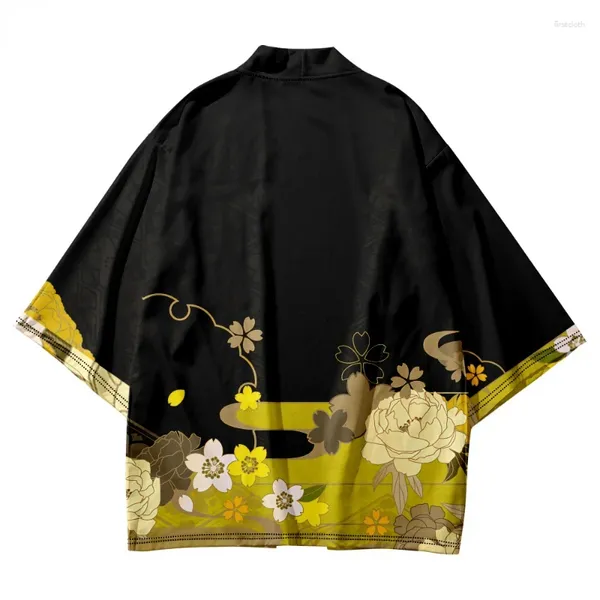 Vêtements ethniques Noir Kimono Cardigan Femmes Hommes Japonais Obi Mâle Yukata Haori Streetwear Harajuku Beach Tops