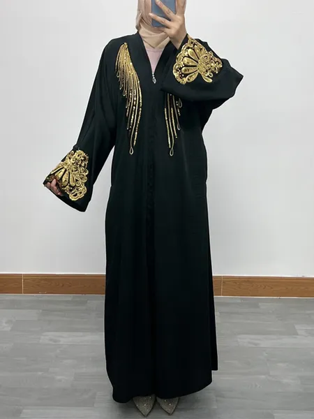 Ropa étnica Kimono negro Kaftan Lentejuelas doradas Mujeres sauditas Abayas Cremalleras islámicas Cardigan con bolsillos Sólido Chic Musulmán Oración Eid