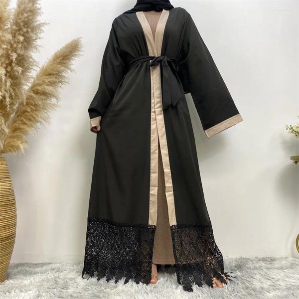 Vêtements ethniques Noir Dentelle Arabe Femmes Musulman Cardigan Robe Mode Islamique Ouvert Abaya Dubaï Turquie Kimono Kaftan Ramadan Eid Robe