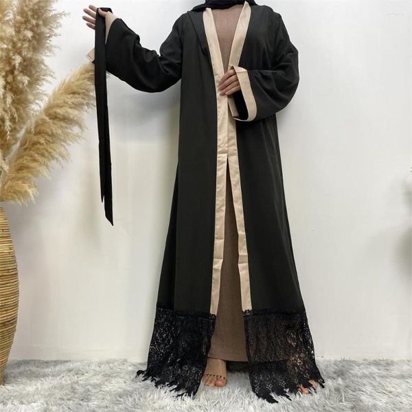 Vêtements ethniques Noir Dentelle Broderie Ouvert Abaya 2023 Ramadan Eid Musulman Femmes Kimono Maxi Robe Islamique Jalabiya Ceinture Robe Caftan Dubaï