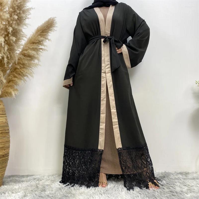 民族服の黒いレースオープンアバヤ着物ドバイカフタンイスラム教徒カーディガン2024マキシドレス女性ローブカフタンイスラムイードラマダン