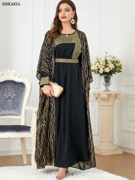 Vêtements ethniques Noir Luxe Abaya Mode Modeste Robes musulmanes Abayas pour femmes 2 pièces Ensembles Ceinture de broderie Caftan marocain Ramadan