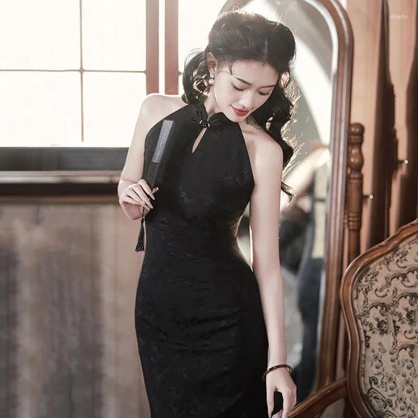 Vêtements ethniques imprimé noir robe chinoise Style national Amélioration de Cheongsam jeune fille Qipao Femmes Elegant Sexy Beauty