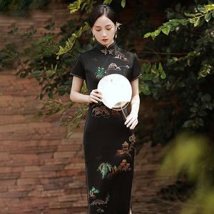 Abbigliamento etnico Nero Qipao Donna Vintage Ricamo Moderno Slim Long Cheongsam China Fashion Abito da sera Eleganti cinese tradizionale