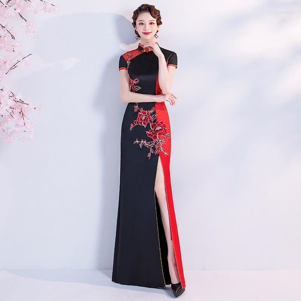 Vêtements ethniques Noir-Rouge Patchwork Satin Chinois Robe Grande Taille 3XL Femmes Qipao Sexy Applique Fleur Cheongsams Vintage Fête Formelle