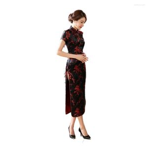 Vêtements ethniques Noir Rouge Satin Qipao D'été Dame Style Traditionnel Chinois Cheongsam Robes Femmes À Manches Courtes Robe Longue Taille S-XXL