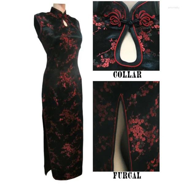 Vêtements ethniques Robe chinoise traditionnelle noire-rouge Femme Satin Long Halter Cheongsam Qipao Mujere Robe Fleur Taille S M L XL XXL XXXL