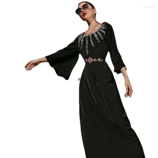 Vêtements ethniques robe Maxi en Satin noir pour femmes Luruxy diamant perles O cou manches évasées ceinture balançoire Moyen-Orient Dubaï vêtements arabes