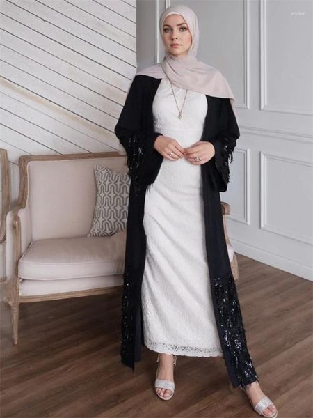 Ropa étnica lentejuelas negras abiertas kimono abaya dubai luxury 2024 islam musulmán kaftan modesto vestido modesto kebaya damen tobe femme musulmane para