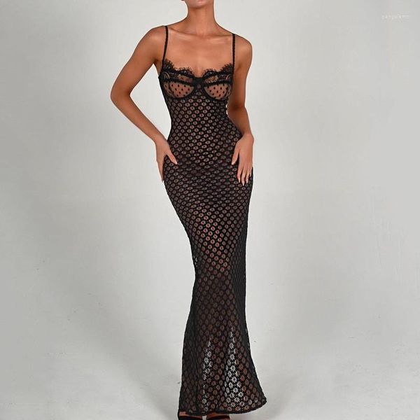 Ropa étnica negro Sexy Sling apretado vestido largo espalda abierta Slit Polka Dot Maxi vestidos africanos para mujeres bata 2023 verano club nocturno