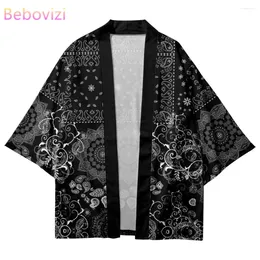 Vêtements ethniques Noir Traditionnel Fleurs de cajou Imprimer Kimono 2024 Arrivée Streetwear Hommes Cardigan Haori Style Japonais Vêtements Tops d'été