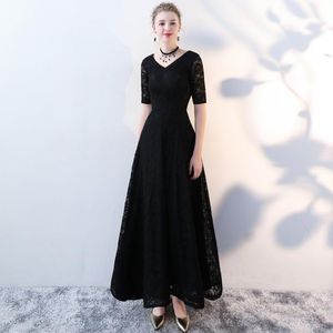 Vestuário étnico preto vintage requintado vestido de festa à noite feminino elegante decote em v manga curta vestido de banquete renda doce vestidos longos plissados