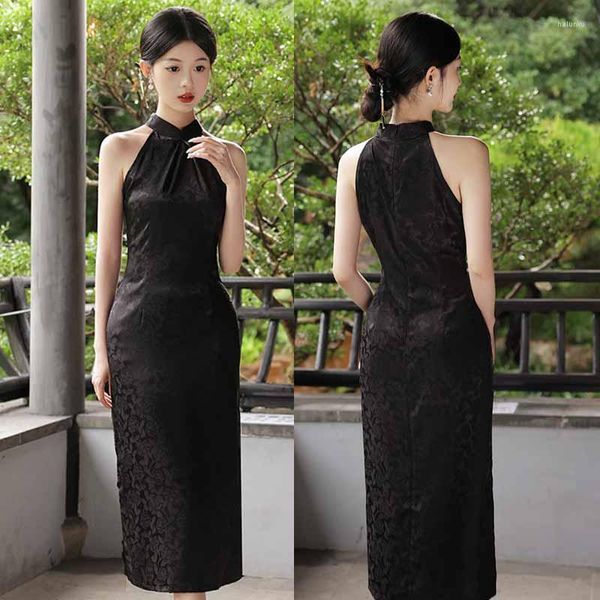 Ropa étnica Negro Vintage Sexy Slim Cheongsam Moda Elegante Cuello colgante Qipao Vestidos de fiesta de noche Mujeres Novedad Clásico Chino