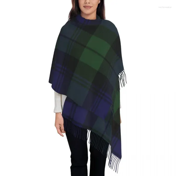 Vêtements ethniques Montre noire Tartan Horloge Vert et bleu Foulard à pompons Femmes Hiver Automne Châles chauds Wraps Clans féminins d'Écosse Foulards