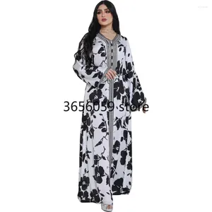 Etnische kleding Zwart Wit Printing Dubai Abaya Vrouw Jalabia Breien Lace Patchwork Arabische gewaden lange mouwen Donna Musulmana Moda