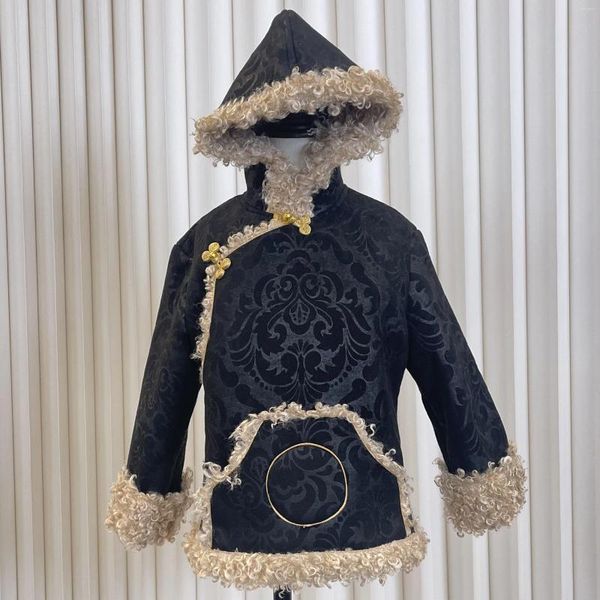 Vêtements ethniques Veste à capuche en polaire épaisse en coton pour enfants d'hiver noir pour femmes tibétaines