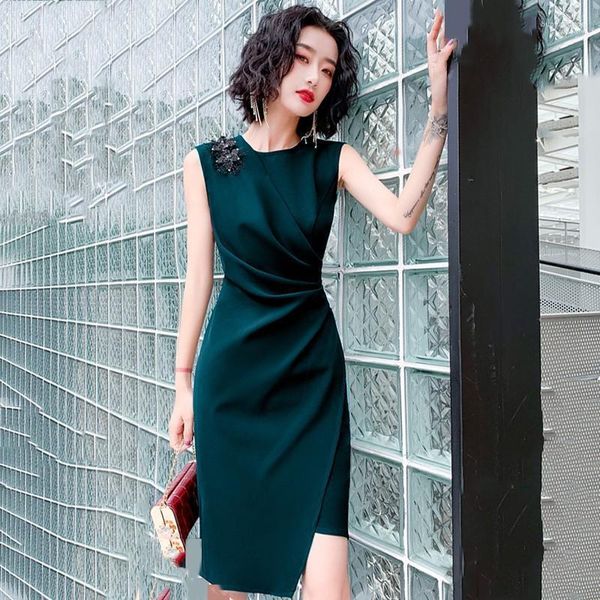 Ropa étnica Bling Rhinestone Cheongsam Funda Verde oscuro Pliegues Qipao Media manga Media manga Vestido de fiesta formal sexy Vestido con cremallera Vestidos