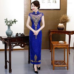 Etnische kleding blauwe Chinese bruid trouwjurk jurk groot formaat 3xl kant cheongsam pailletten bloemen qipao traditionele mandarijn kraag vestido