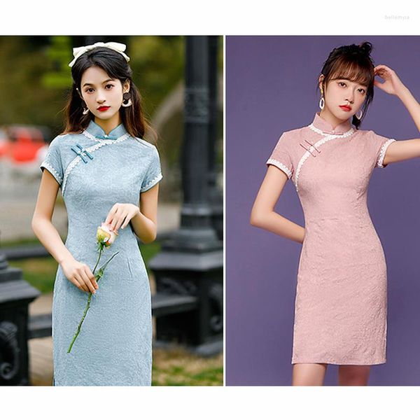 Ropa étnica Vestido chino azul Vintage Dividir Sólido Mujeres Cheongsam Traje tradicional elegante Moda Vestiods modernos Fiesta de lujo Qipao