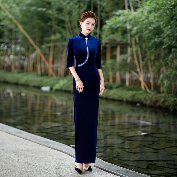 Vêtements ethniques Bleu High Split Qipao Femmes Mandarin Col Robe De Soirée Robe Plus Taille Style Chinois Cheongsam Vintage Bouton Velours Robe