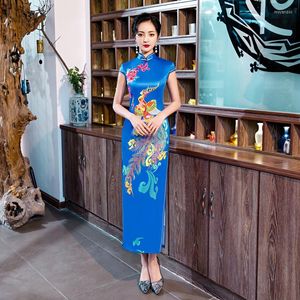 Vêtements ethniques bleu plus taille 4xl 5xl femmes robes élégantes chinois cheongsam longue robe satin fleur quotidienne fleur qipao