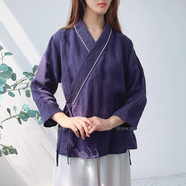 Vêtements ethniques Bleu Blanc Style chinois Hanfu Tops Kimono Robes Femmes Zen Linge Casual Blouse Chemises Oriental Cardigan Vestes