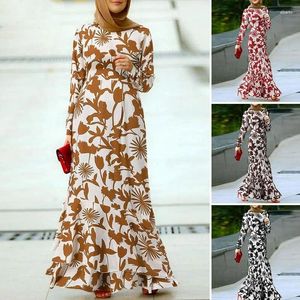 Etnische kleding Boheemse bloemenprint moslimjurk voor vrouwen Flounce Lange lente Dubai Turkse Kaftan Islam Kleding Marokkaans