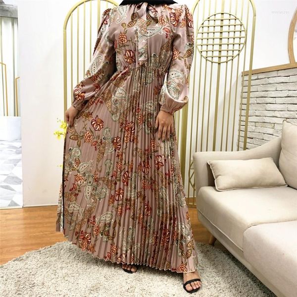 Ropa étnica Estilo bohemio Mujeres Satén Impreso Manga larga Abaya Moda Musulmán Maxi Vestido Vestido de fiesta Ramadán Robe suelto Kaftan Vestidos