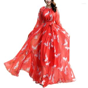 Vêtements ethniques Boho rouge imprimé en mousseline de soie plage Maxi robe une ligne mode musulmane à manches longues femmes élégante fête voyage Po Pographie