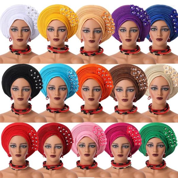 Ropa étnica Bonnet Femme Gele Headtie Ya hecho Turbantes nigerianos para mujeres Aso Oke African Head Wrap Fashion Cap Alta calidad 1set