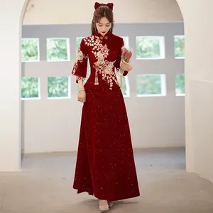 Etnische Kleding Bruids Lange Fluwelen Jurk Bordeaux Vintage Grote Maat 5XL Traditionele Chinese Nieuwigheid Jurken Bruiloft Verloving Elegant