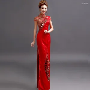 Vêtements ethniques Mariée Rouge Qipao Or 3D Dentelle Fleur Robe De Mariée Performance