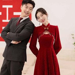 Vêtements ethniques Robe de fiançailles de mariage nuptiale vintage Qipao en dentelle rouge