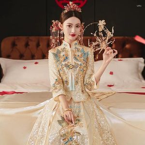 Vêtements ethniques Mariée Vintage Champagne Sparkly Paillettes Perles Broderie Qipao Robe De Toast Chinois Robe De Mariée