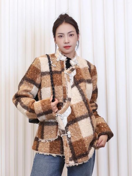 Vêtements ethniques Brown Plaid Winter Coton Rembourré Manteau Femme Épaissi Coton Rembourré Tibétain Girl's Day Casual Vêtements Veste