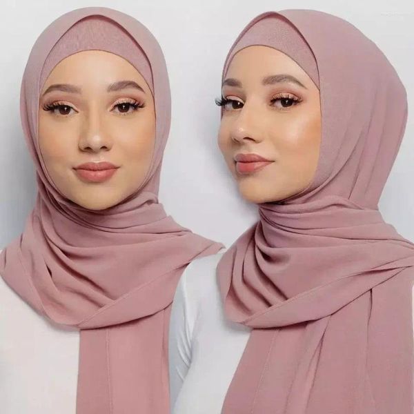 Ropa étnica Burbuja Gasa Hijab Conjuntos con gorra de color a juego Mujeres Bufanda Mantón Bufandas Underscarf Jersey Tapas internas Alta calidad Musulmán