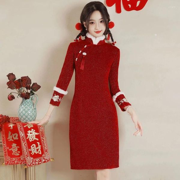 Vêtements ethniques Bourgogne élégant Qipao amélioré fille automne hiver à manches longues année rétro Cheongsam robe classique chinoise traditionnelle