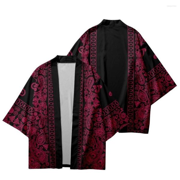 Ropa étnica Burundy Cashew Flowers Impreso Verano Japonés Kimono Beach Shorts Harajuku Cardigan Mujeres Hombres Casual Suelto Streetwear