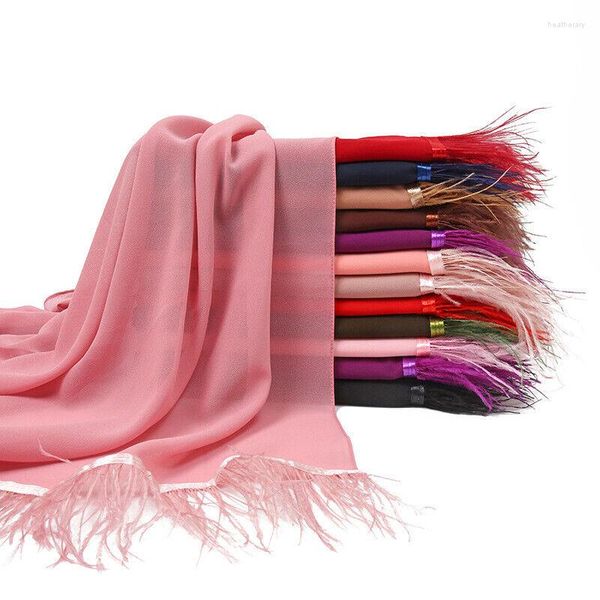 Ropa étnica, decoración de plumas de Color caramelo, bufanda larga de gasa, hiyab elegante de Dubái musulmán para mujer, chales de turbante para fiesta de boda