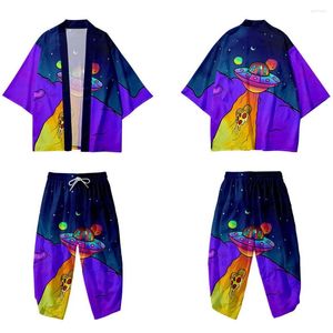 Vêtements ethniques dessin animé Alien imprimé ample Kimono japonais sept points pantalon 2 pièces Couple femmes hommes Cardigan Yukata Harajuku surdimensionné 6XL