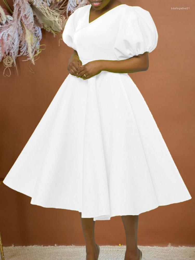Etnik Giysiler Sıradan A-Line Mii Elbise Kadınlar İçin Afrika Elbiseleri 2023 Günlük Zarif Yüksek Bel Puf Sleep V-Neck Robe Femme Giysileri