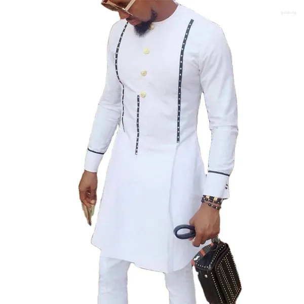 Vêtements ethniques Casual Coton Jeunes Col Rond Blanc Impression Quatre Saisons Style Africain Chemise Pour Hommes