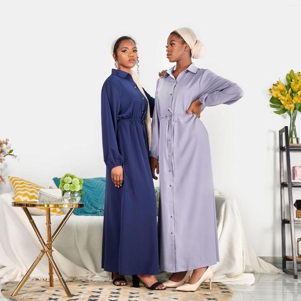 Vêtements ethniques Casual Musulman Femmes Longue Jupe Grande Taille Solide Couleur Turquie Italien Bouton Ceinture Ceinture Robe Abaya Islamique Ramadan Banquet