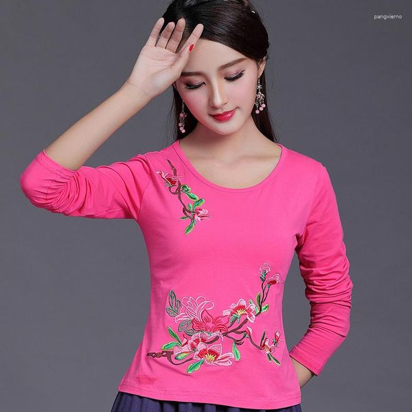 Vêtements ethniques décontracté femmes broderie fleur chemise mode jeunes filles col rond Blouse Style chinois dames mince quotidien Yang haut élégant