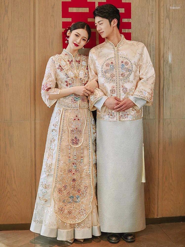 Ethnische Kleidung Champagner Gold chinesisches Paar Vintage Mandarin Kragen Cheongsam Toast Kostüm Pailletten Perlen Stickerei Hochzeitskleid