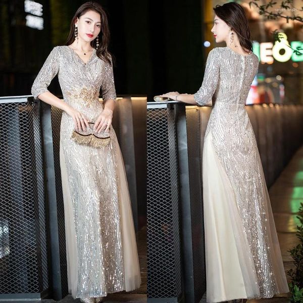 Vêtements ethniques Champagne robe de soirée droite robe de soirée femme Bling paillettes col en v Sexy Qipao maille 3/4 manches Cheongsam Zipper Vestidos