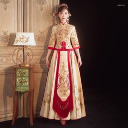 Ropa étnica Champán Vintage Lentejuelas Cuentas Bordado Cheongsam Estilo chino Novia Vestido de novia Traje de matrimonio oriental