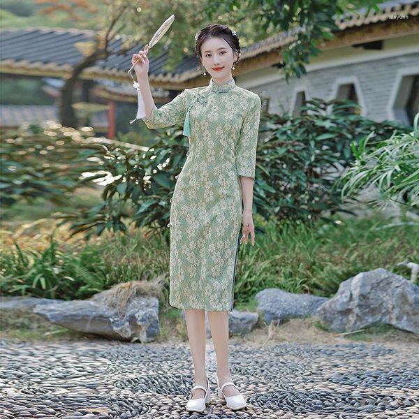 Ropa étnica Chenille Cheongsam Otoño Media manga Modelo joven Mejorado Retro Largo Qipao Chino Tradicional Mandarín Vestido para niñas