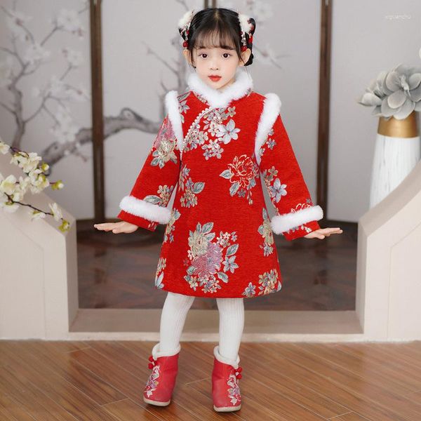 Vêtements ethniques Cheongsam Enfants Vêtements Hiver Grande Fleur Perle Laine Collier Chaud Hanfu Chinois Ancien Style National Fille Robe Élégante