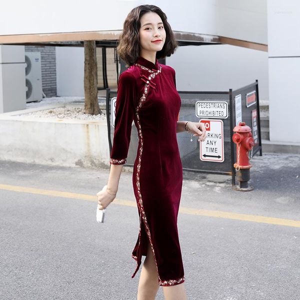 Vêtements ethniques Cheongsam Robe Style chinois femmes Robe Vintage Femme automne robes orientales Qipao velours Sexy asiatique FF2510